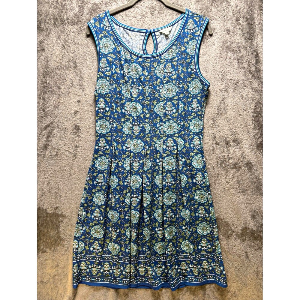 Max Studio Blue Floral Knit A-Line Knee Dress Sleeveless Keyhole M Regular